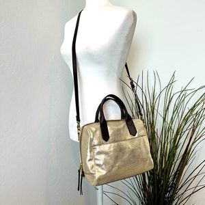 Fossil Pale Gold Metallic Satchel with pocket.